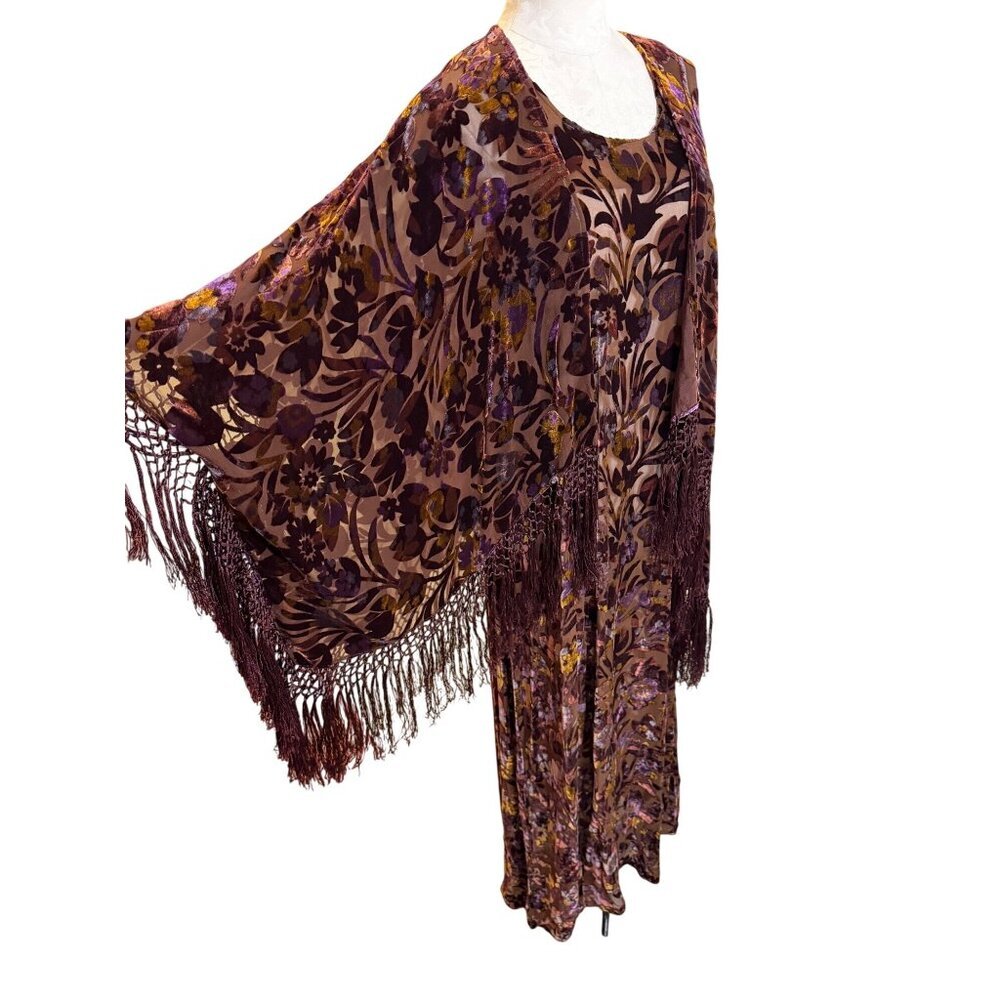Shiba 1990s Womens Shawl Dress Size Large Brown Purple Burnout Silk Velvet Party - Picture 16 of 16